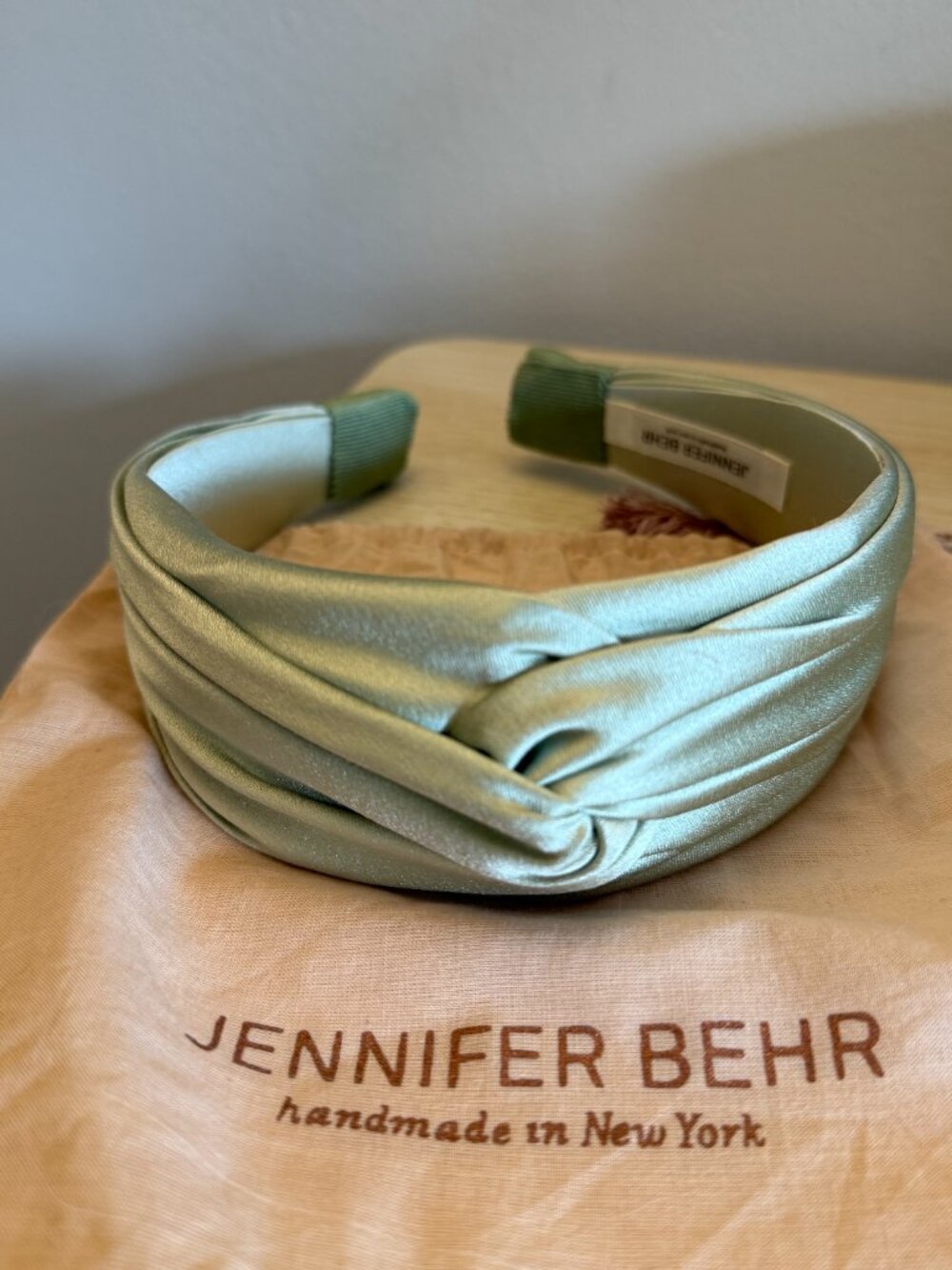 Jennifer Behr Mint Silk Satin Twist Headband in Pristine Condition